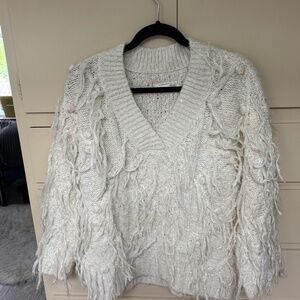 Anthropologie Cream V-Neck Fringed Sweater With Silver And Gold Thread NWT